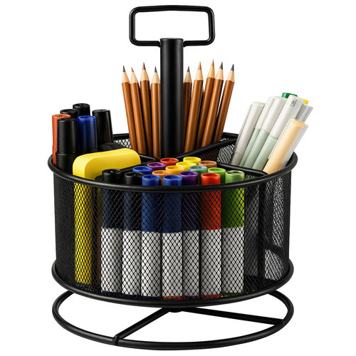 Organizator de birou, baza rotativa 360 grade, 4 compartimente, plasa metalica, negru - imagine 11